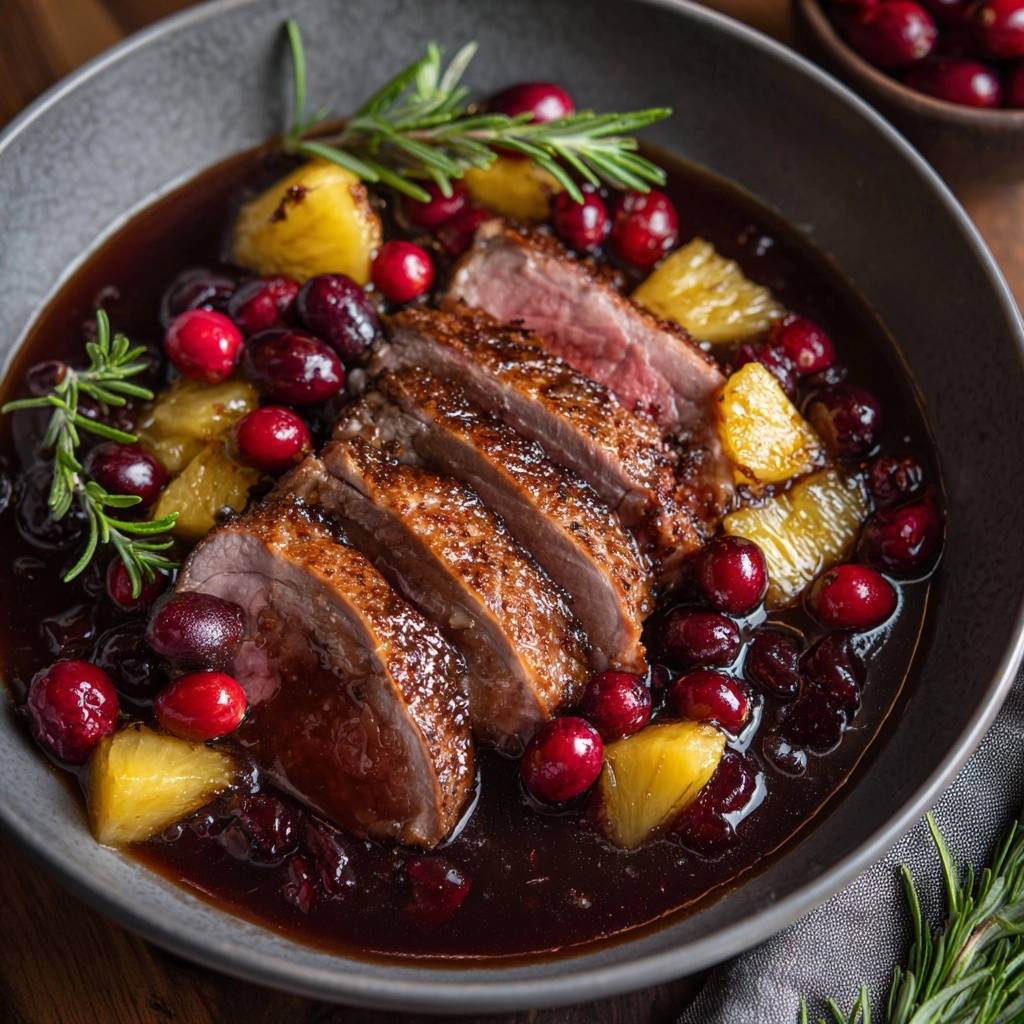 Knusprige Entenbrust mit Cranberry-Ananas-Soße serviert in einer dunklen Schale, garniert mit frischen Cranberries und Ananasstücken.