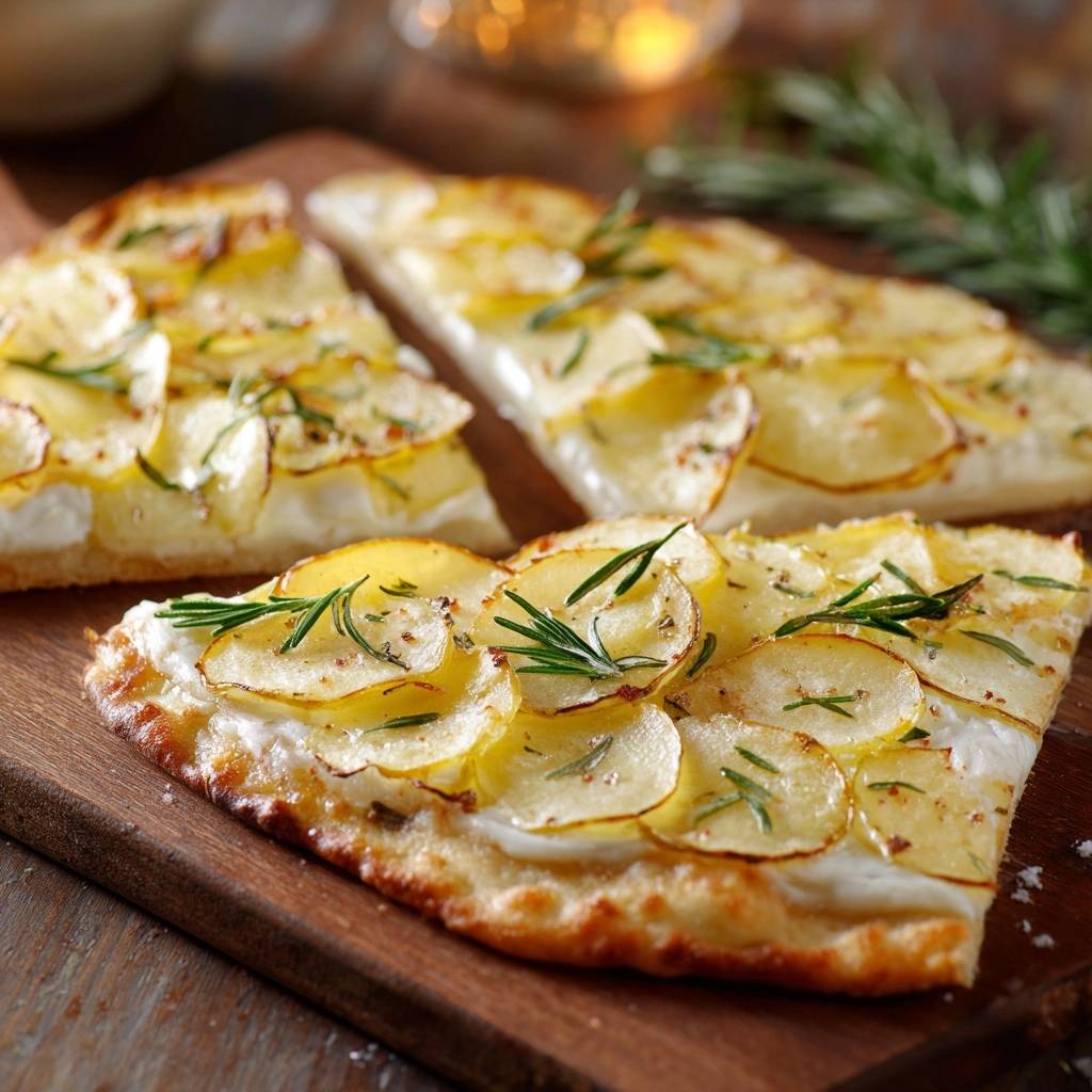 Knusprige Kartoffel Rosmarin Pizza Angeschnitten 1 Knusprige Kartoffel-Rosmarin-Pizza, angeschnitten und serviert auf einem rustikalen Holzbrett. Die Pizza ist mit Kartoffelscheiben und Rosmarinzweigen belegt.
