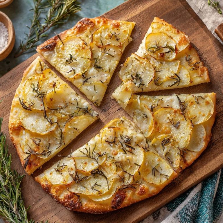 Knusprige Kartoffel-Rosmarin-Pizza, serviert auf einem Holzbrett, belegt mit Kartoffelscheiben und Rosmarinzweigen, in mundgerechte Stücke geschnitten.