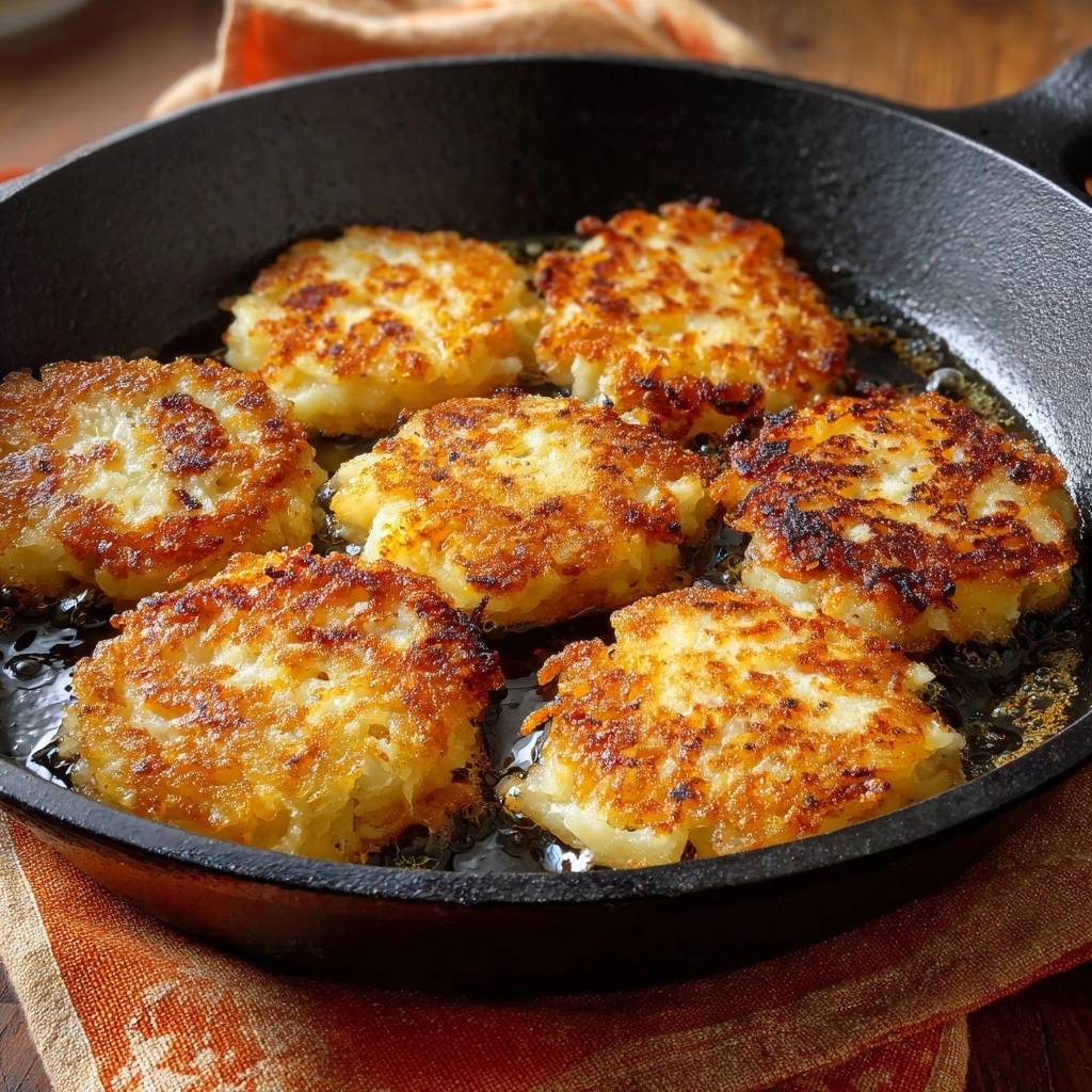 Knusprige Kartoffelpuffer braten goldbraun in einer gusseisernen Pfanne. Die Puffer sind von außen knusprig und innen zart und werden in Öl gebraten.