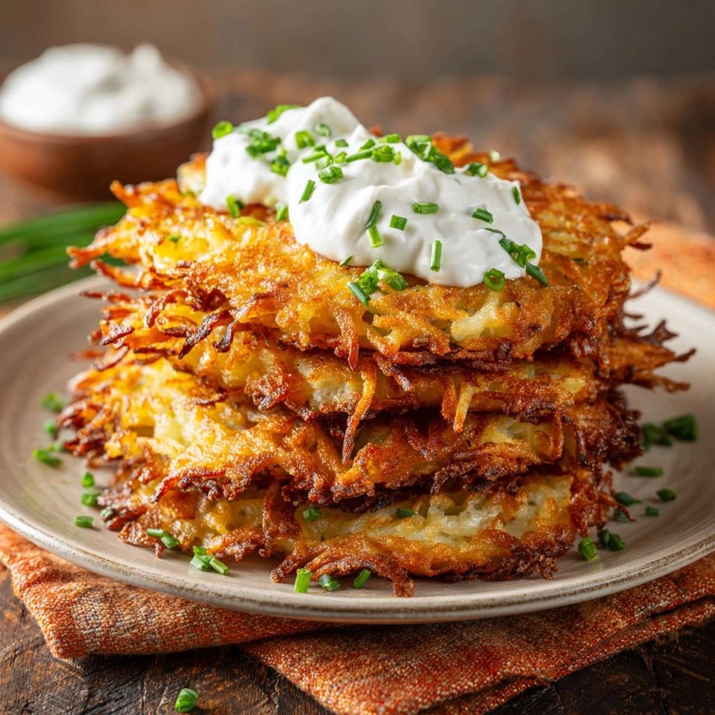 Knusprige Kartoffelpuffer Gestapelt Serviert 1 Knusprige Kartoffelpuffer, gestapelt und mit einem Klecks Sauerrahm und frischen Schnittlauch serviert, sehen appetitlich aus.