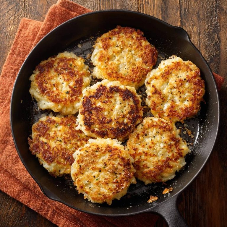 Knusprige Kartoffelpuffer, zubereitet in einer gusseisernen Pfanne, werden von oben gezeigt. Die goldbraunen Puffer sind knusprig gebraten.
