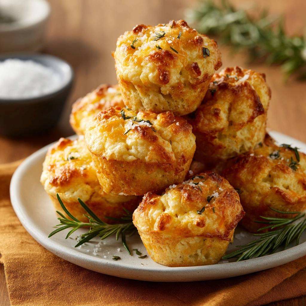 Knusprige Käse-Rosmarin-Muffins, gestapelt auf einem Teller serviert, mit Rosmarinzweigen und grobem Salz bestreut. Diese golden gebackenen Muffins sind ein Genuss.