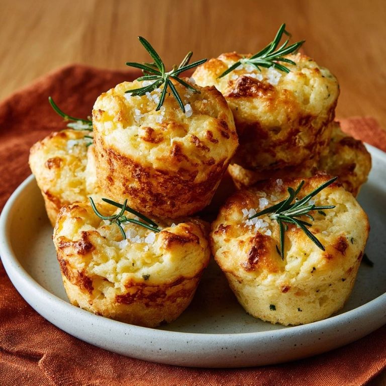 Knusprige Käse-Rosmarin-Muffins, serviert auf einem hellen Teller, mit frischem Rosmarin und grobem Meersalz garniert.