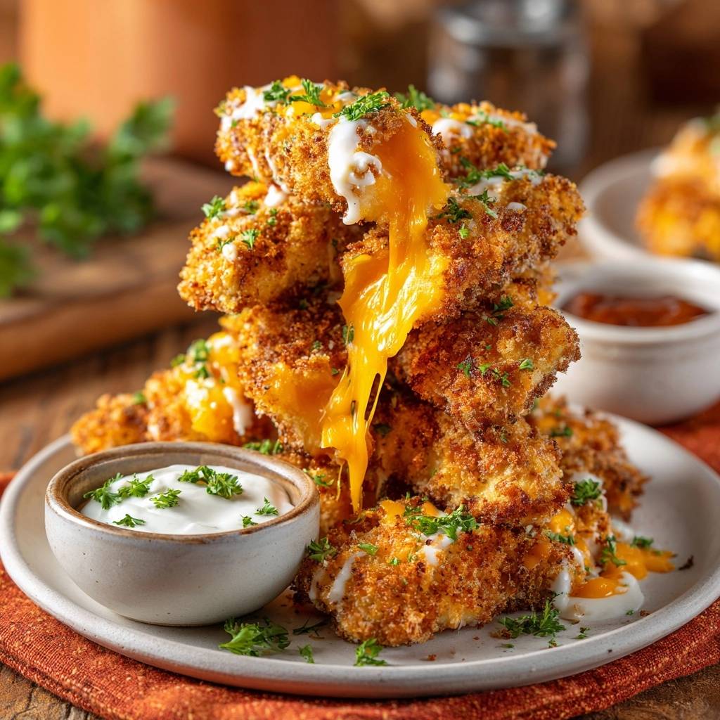 Knusprige Käsegefüllte Hähnchen-Nuggets mit fließendem Käse, serviert mit cremiger Sauce, angerichtet auf einem Teller.
