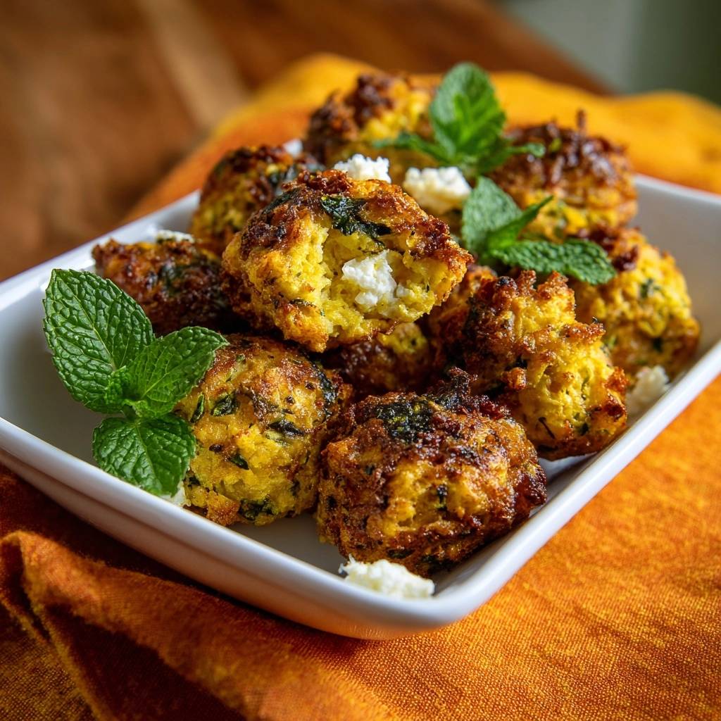 Knusprige Kürbis-Spinat-Bällchen zeigen hier einen Nahaufnahme-Querschnitt, gefüllt mit Feta und frischer Minze als Garnierung.