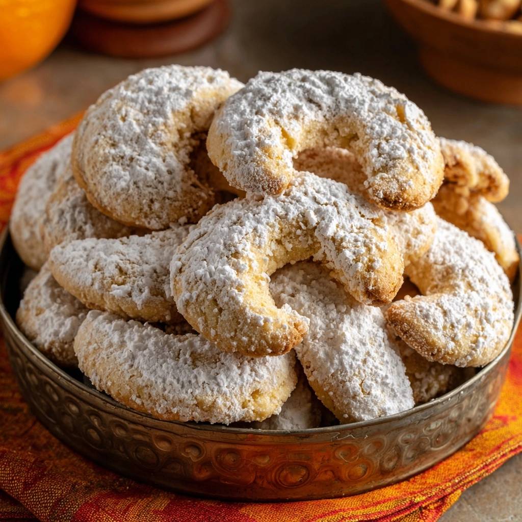 Knusprige Mandelkipferl in Nahaufnahme, reichlich mit Puderzucker bestäubt, präsentiert in einer dekorativen Schale, perfekt für die Weihnachtszeit.