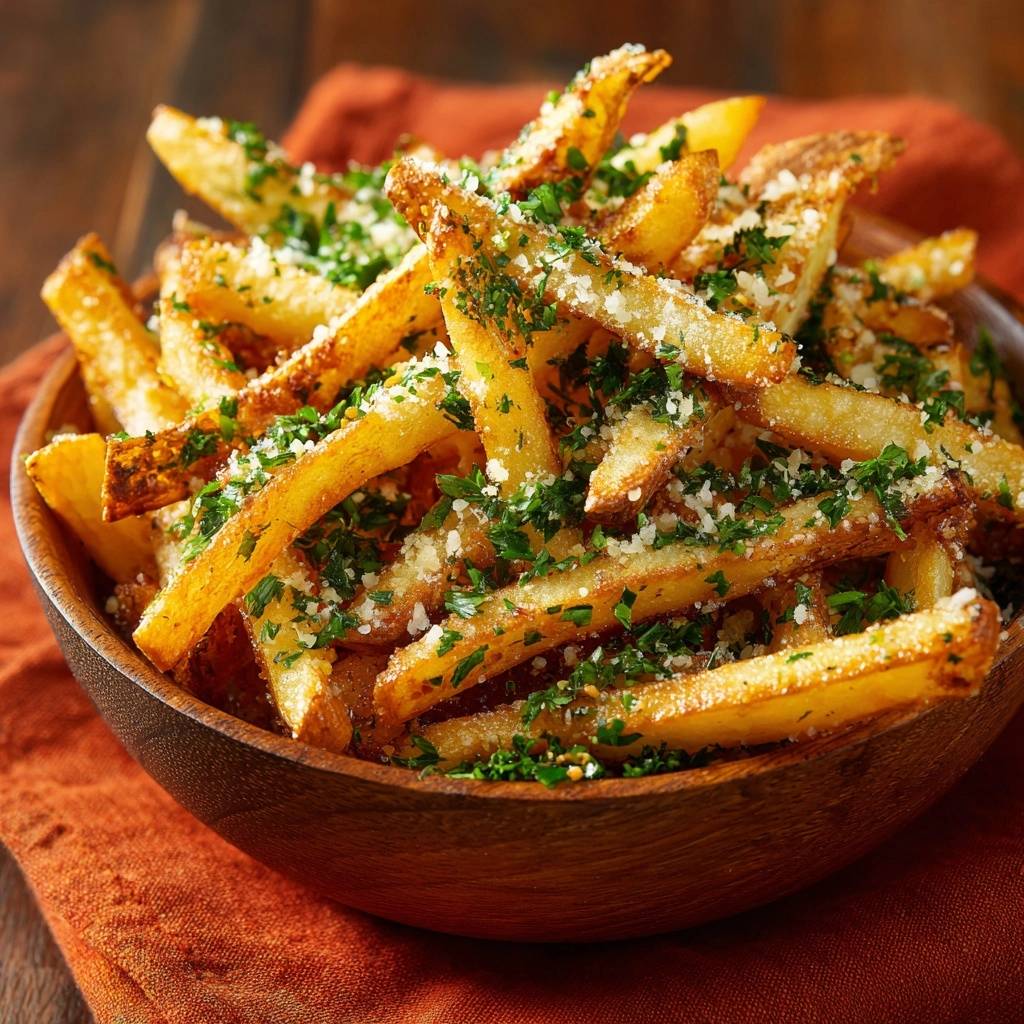 Knusprige Parmesan Petersilie Kartoffelwedges Draufsicht 1 Knusprige Parmesan-Petersilie-Kartoffelwedges in einer Holzschale, von oben betrachtet, mit frischer Petersilie und Parmesan garniert.