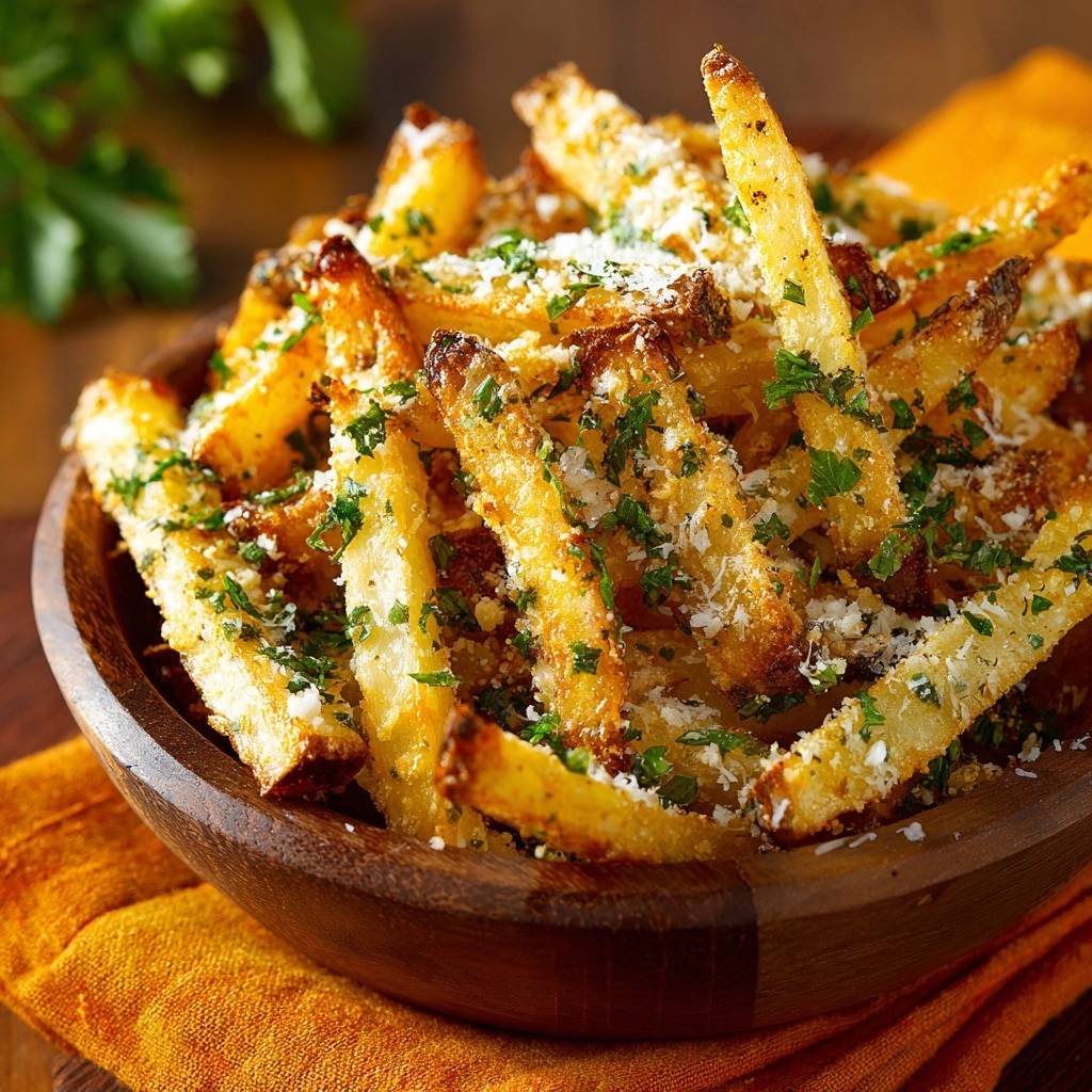 Knusprige Parmesan-Petersilie-Kartoffelwedges in einer Holzschale, garniert mit frischer Petersilie und Parmesan, in Nahaufnahme.