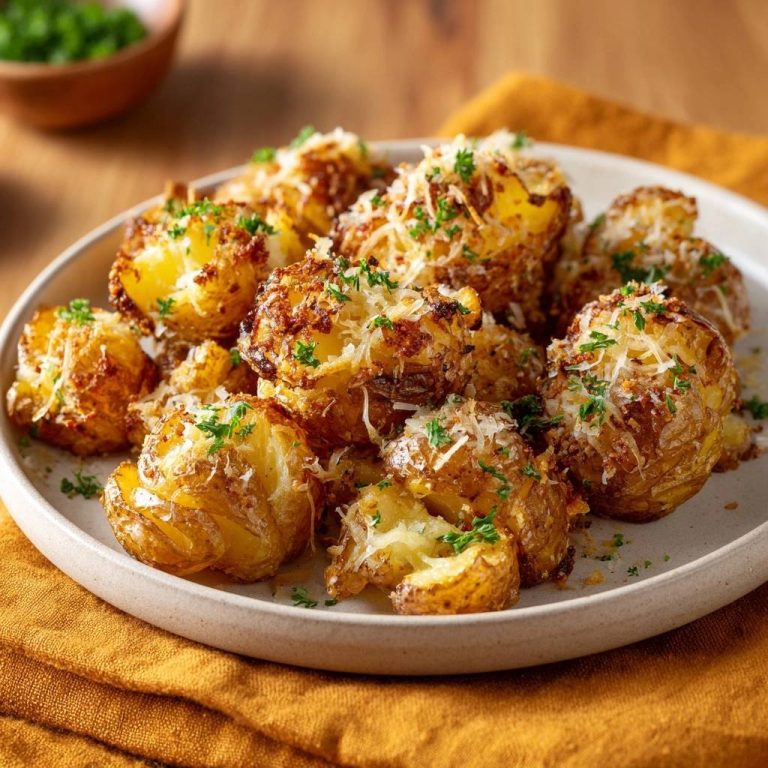 Knusprige Parmesan-Smash-Kartoffeln, serviert auf einem weißen Teller, garniert mit frischer Petersilie und Parmesan. Die Kartoffeln sind goldbraun und appetitlich.