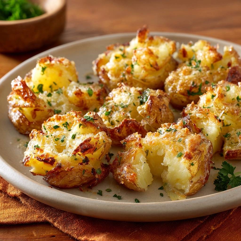 Knusprige Parmesan Smash Kartoffeln Querschnitt 1 Knusprige Parmesan-Smash-Kartoffeln mit einem Anschnitt, der das weiche Innere der Kartoffel zeigt, serviert auf einem Teller.
