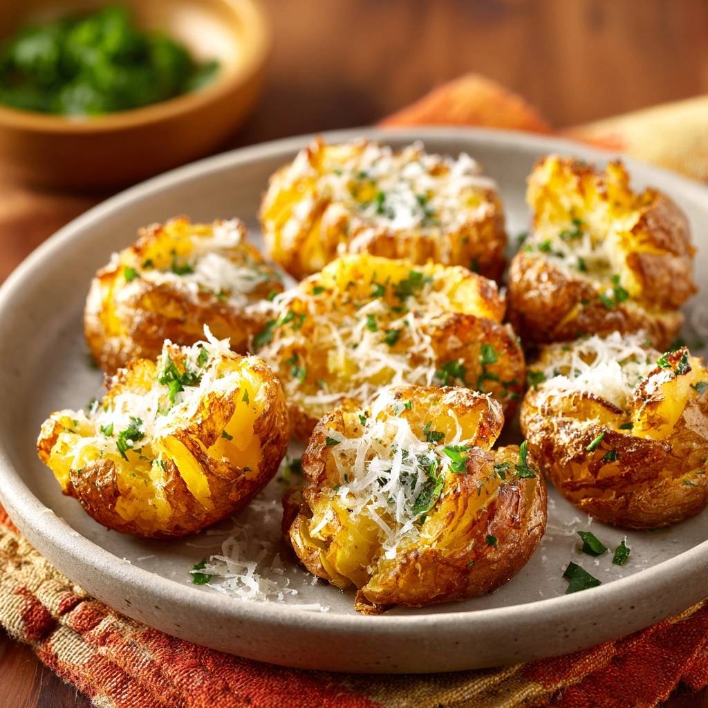 Knusprige Parmesan Smashed Potatoes Serviert 1 Knusprige Parmesan-Smashed-Potatoes werden auf einem Teller serviert und mit frischen Kräutern und Parmesan garniert.