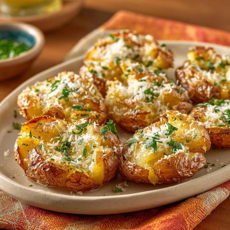 Knusprige Parmesan-Smashed-Potatoes serviert auf einem hellen Teller, garniert mit frischer Petersilie und geriebenem Parmesan.