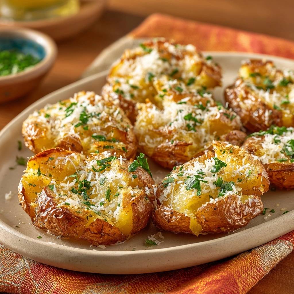 Knusprige Parmesan-Smashed-Potatoes serviert auf einem hellen Teller, garniert mit frischer Petersilie und geriebenem Parmesan.
