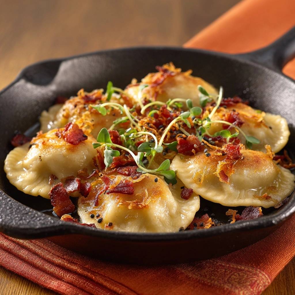 Knusprige Pierogi mit Speck und Kresse, serviert in einer gusseisernen Pfanne, garniert mit frischer Kresse und knusprigem Speck.