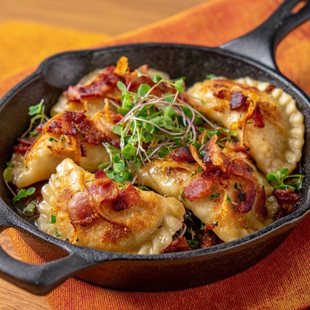 Knusprige Pierogi mit Speck und Kresse aus nächster Nähe, serviert in einer gusseisernen Pfanne, mit frischer Kresse garniert.