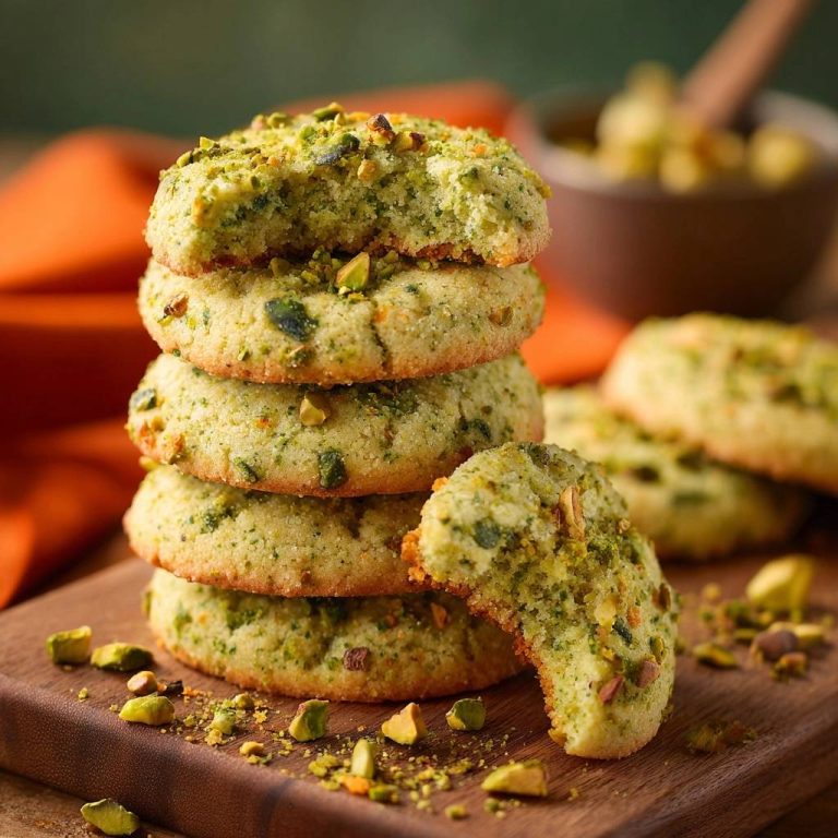 Knusprige Pistazienkekse mit Biss, von denen einer bereits probiert wurde, auf einem Holzbrett gestapelt. Die leckeren Kekse sind mit Pistazien verziert.