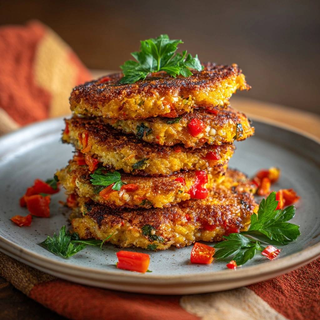 Knusprige Quinoa-Paprika-Patties sind hier in einem hohen Stapel serviert, mit frischer Petersilie und Paprika-Würfeln garniert.