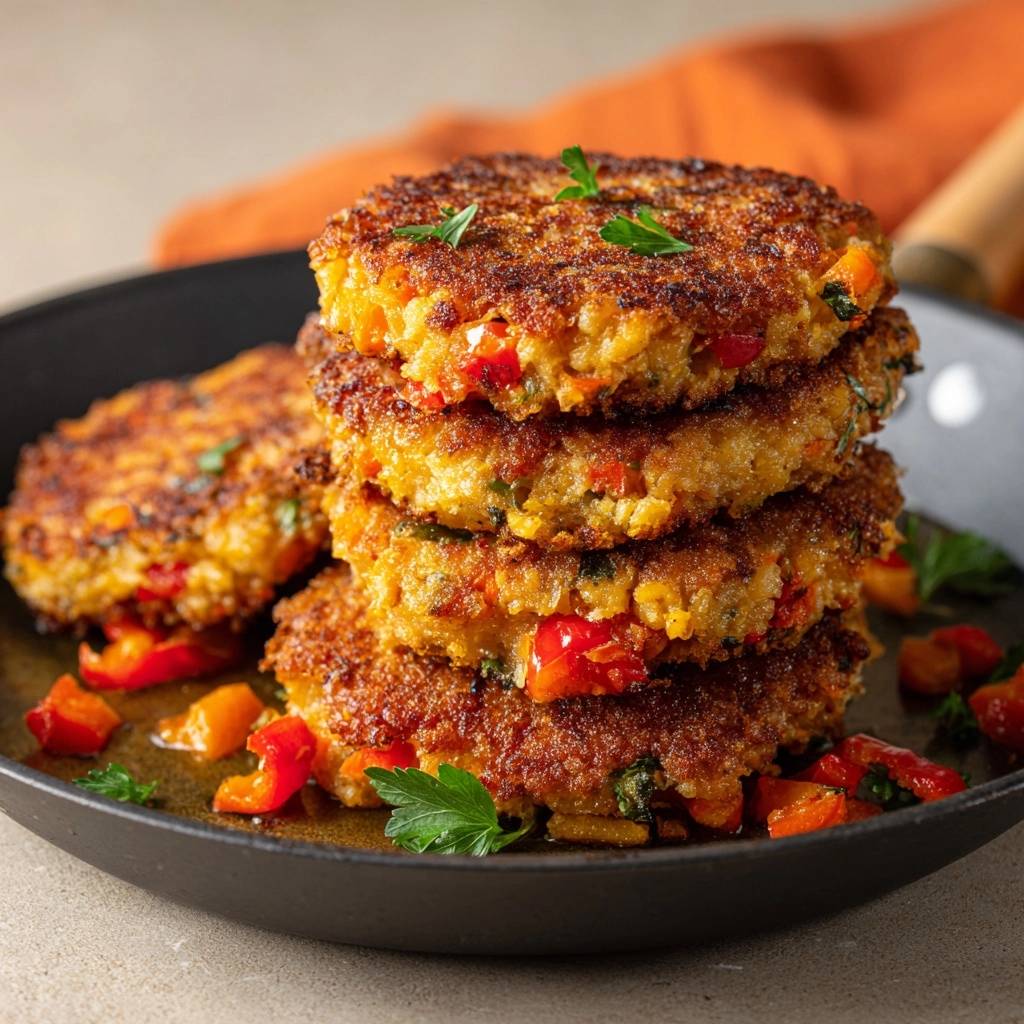 Knusprige Quinoa Paprika Patties Gestapelt 1 Knusprige Quinoa-Paprika-Patties, gestapelt auf einem Teller, mit frischen Kräutern und Paprika-Stückchen garniert. Eine köstliche vegetarische Mahlzeit.