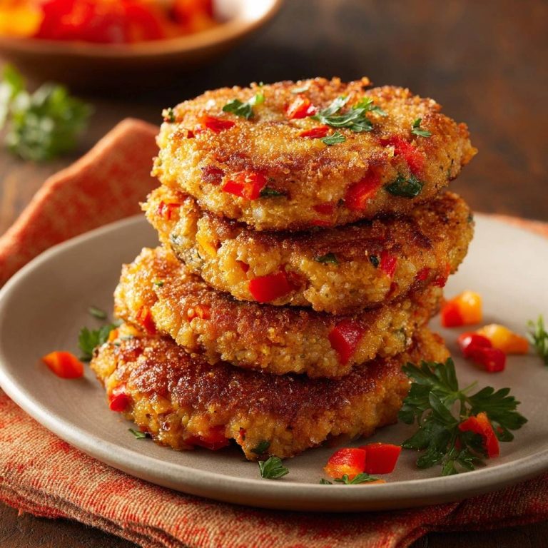 Knusprige Quinoa-Paprika-Patties sind hier gestapelt auf einem Teller zu sehen, garniert mit frischer Petersilie und Paprika-Stückchen.