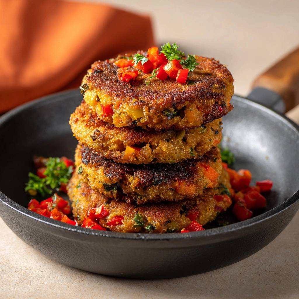 Knusprige Quinoa-Paprika-Patties, gestapelt auf einer schwarzen Pfanne serviert, mit frischer Paprika und Petersilie garniert.