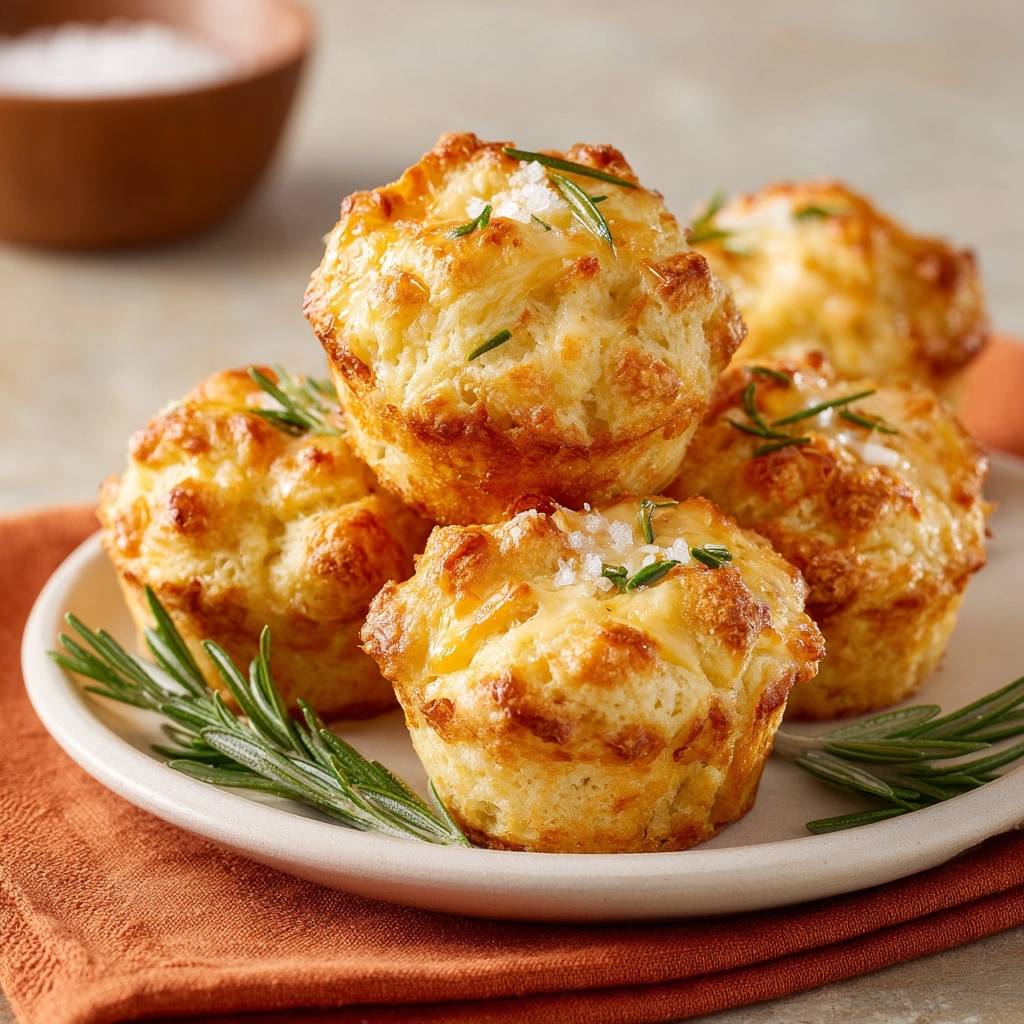 Knusprige Rosmarin-Käse-Muffins, serviert auf einem weißen Teller, sind mit Rosmarinzweigen und grobem Meersalz garniert.