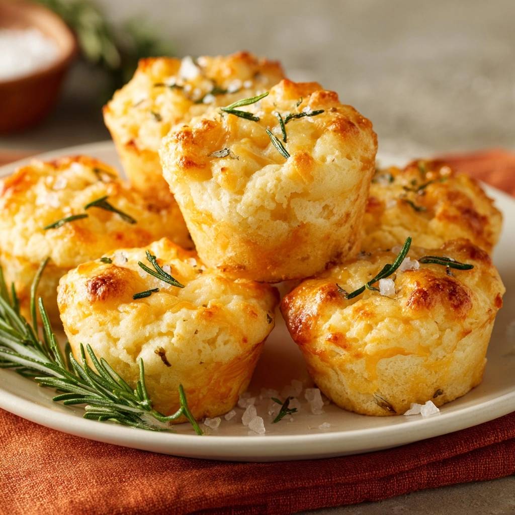 Knusprige Rosmarin-Käse-Muffins, serviert auf einem weißen Teller, garniert mit frischem Rosmarin und grobem Salz. Die goldbraunen Muffins sehen frisch gebacken aus.