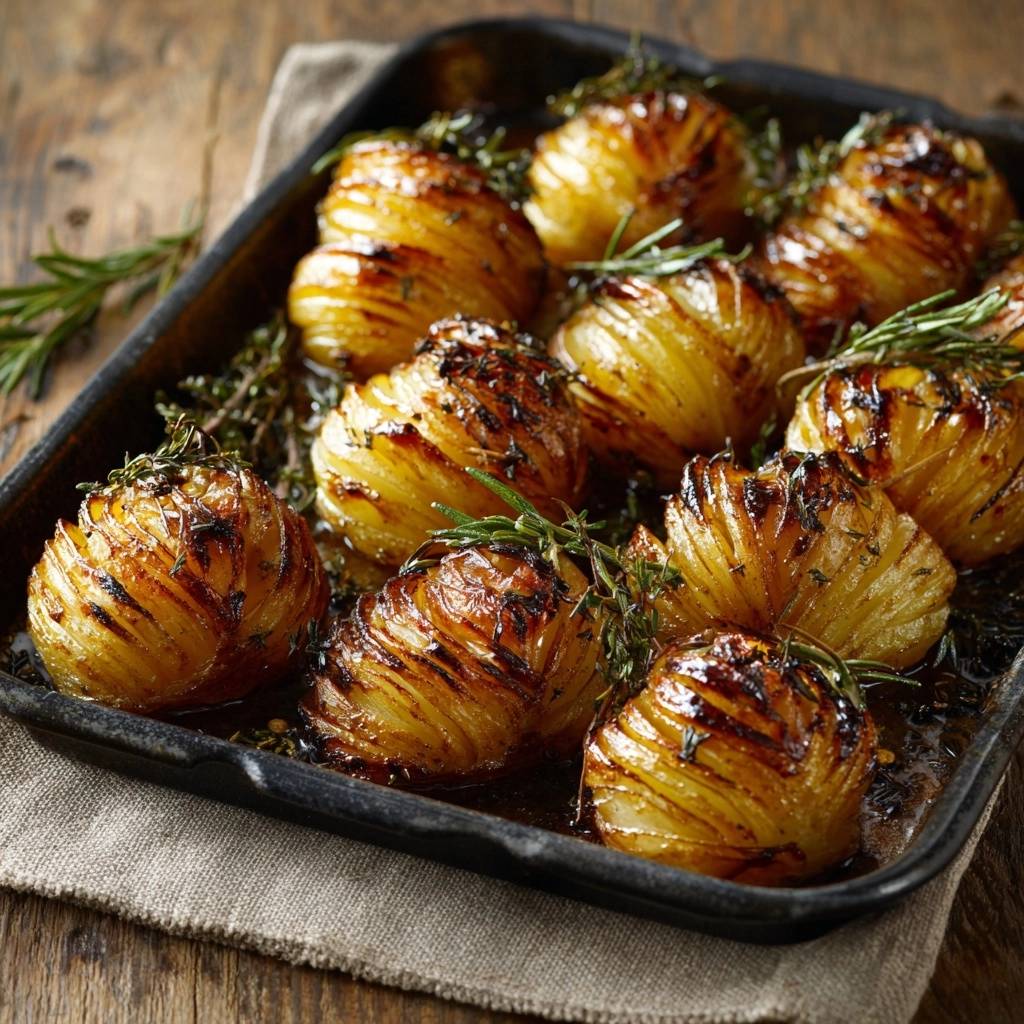 Knusprige Rosmarin-Spiralkartoffeln, serviert in einer Backform, mit frischen Kräutern garniert und von oben fotografiert. Die Kartoffeln sind goldbraun gebacken.