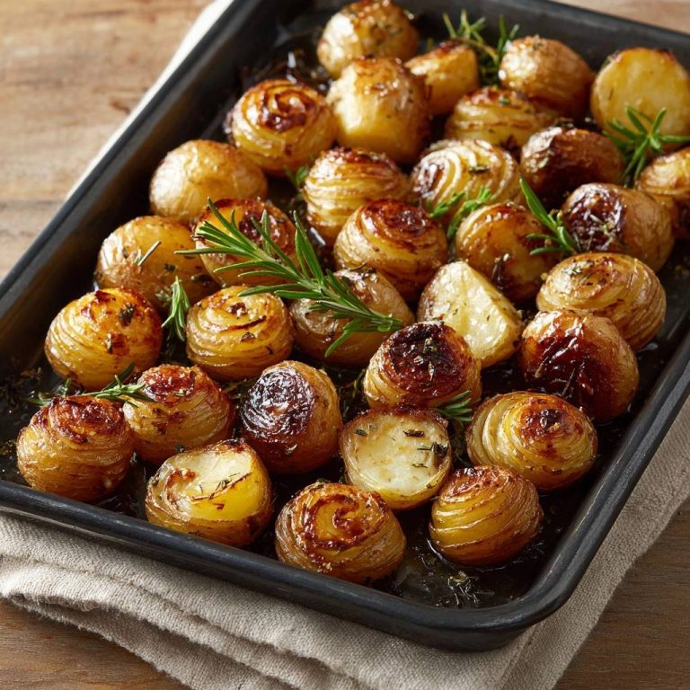 Knusprige Rosmarin-Spiralkartoffeln, serviert in einer Backform, mit frischem Rosmarin garniert und von oben fotografiert. Die Kartoffeln sind goldbraun gebacken.