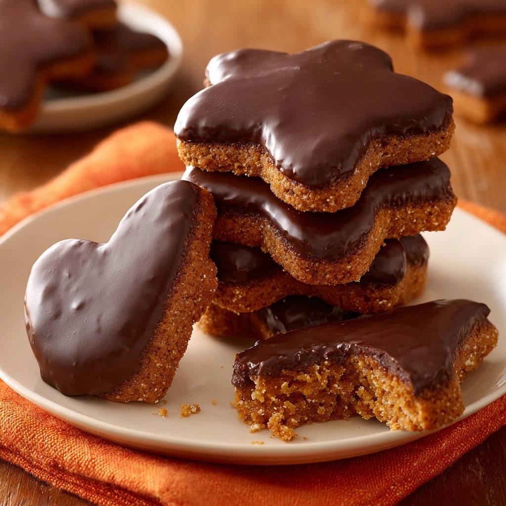 Knusprige Schoko-Lebkuchensterne & -Herzen, angeschnitten, zeigen die perfekte Textur und den saftigen Kern dieser traditionellen Weihnachtsleckerei.