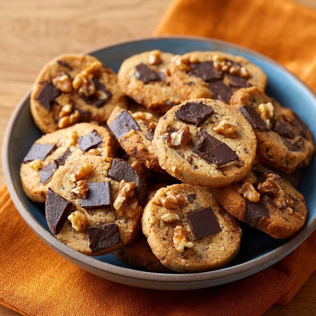 Knusprige Schoko-Walnuss-Cookies in einer blauen Schüssel, von oben betrachtet. Köstliche Kekse mit Schokoladenstücken und Walnüssen.