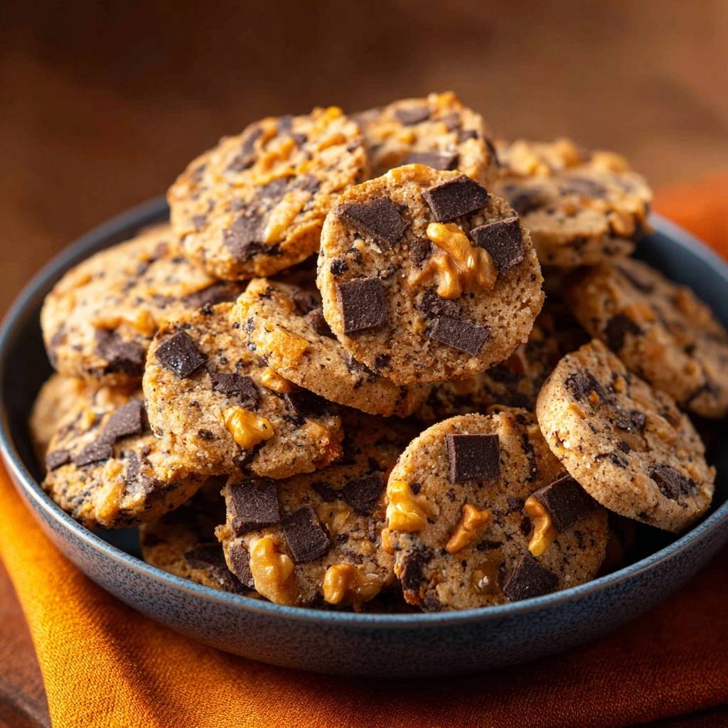 Knusprige Schoko-Walnuss-Cookies in Nahaufnahme, serviert in einer blauen Schale, mit perfekt platzierten Schokoladenstücken und Walnüssen.