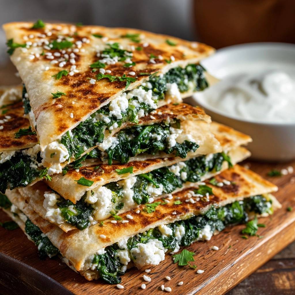 Knusprige Spinat Feta Dreiecke Querschnitt 1 Knusprige Spinat-Feta-Dreiecke im Querschnitt gestapelt, mit Feta und Spinat gefüllt und Sesam bestreut.