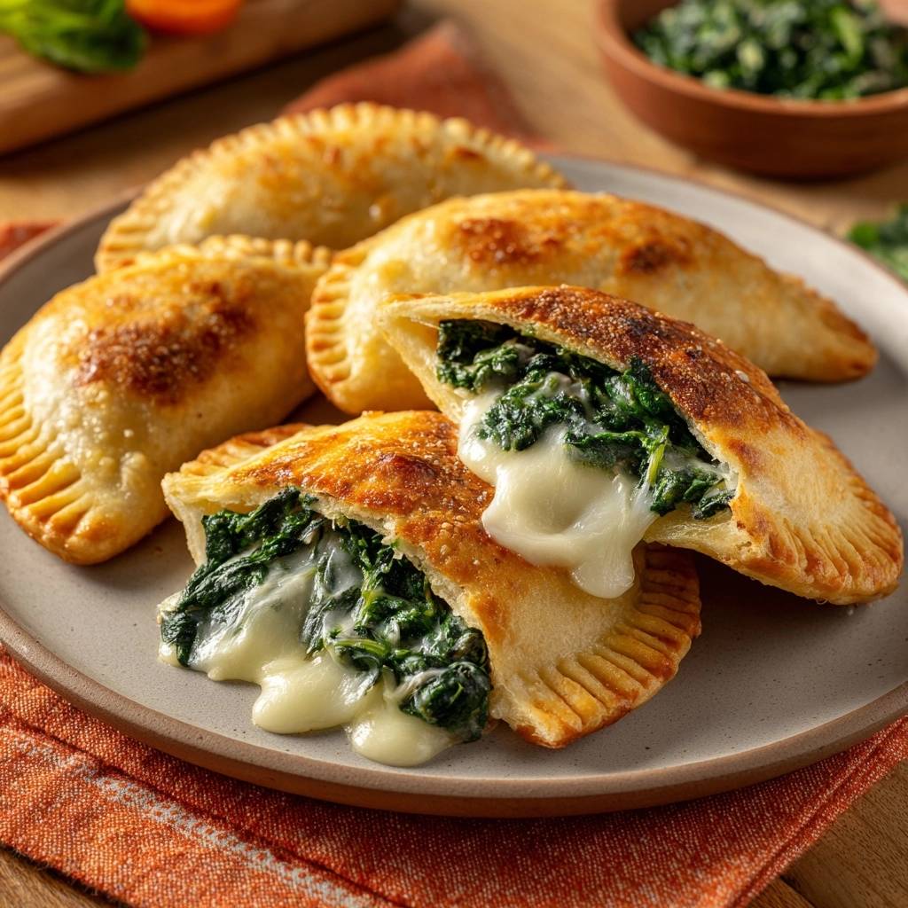 Knusprige Spinat Feta Taschen Querschnitt Nahaufnahme 1 Knusprige Spinat-Feta-Taschen mit einem verführerischen Querschnitt, der die geschmolzene Käse-Spinat-Füllung zeigt.