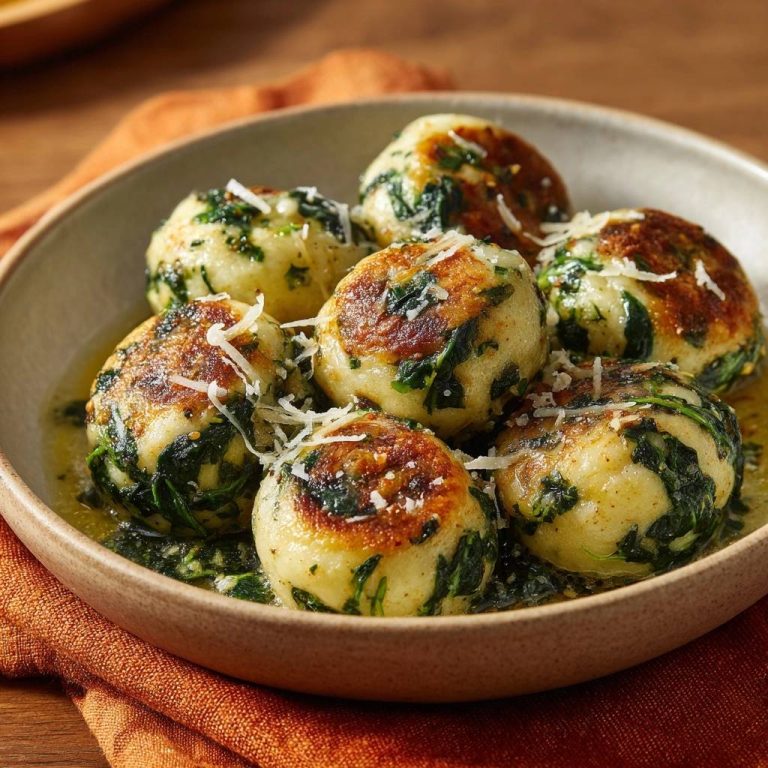 Knusprige Spinat-Gnocchi, serviert in einer Schüssel, mit Parmesan bestreut und in einer köstlichen Sauce serviert.