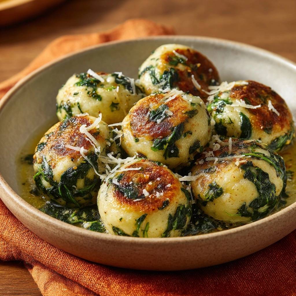 Knusprige Spinat-Gnocchi, serviert in einer Schüssel, mit Parmesan bestreut und in einer köstlichen Sauce serviert.
