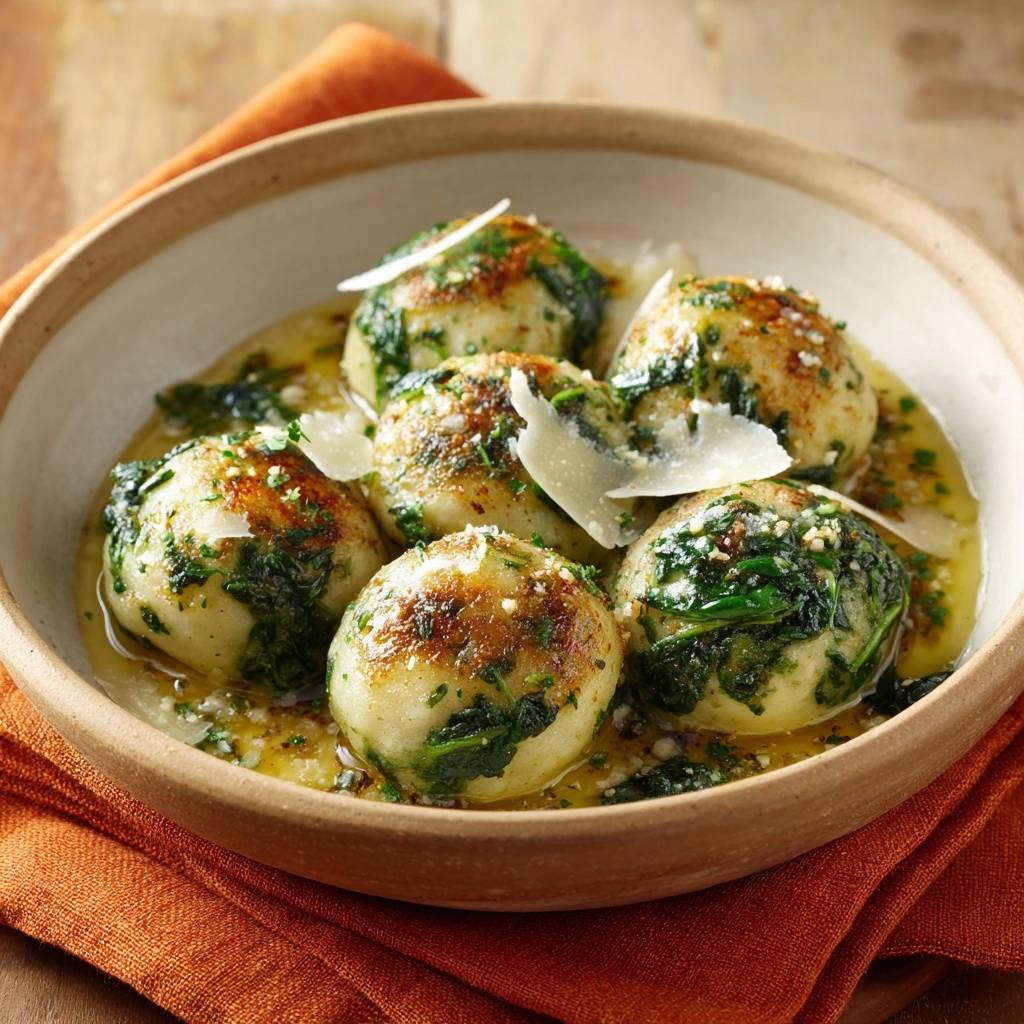 Knusprige Spinat-Gnocchi, serviert in einer rustikalen Schüssel, garniert mit Parmesan und frischen Kräutern in einer leckeren Sauce.