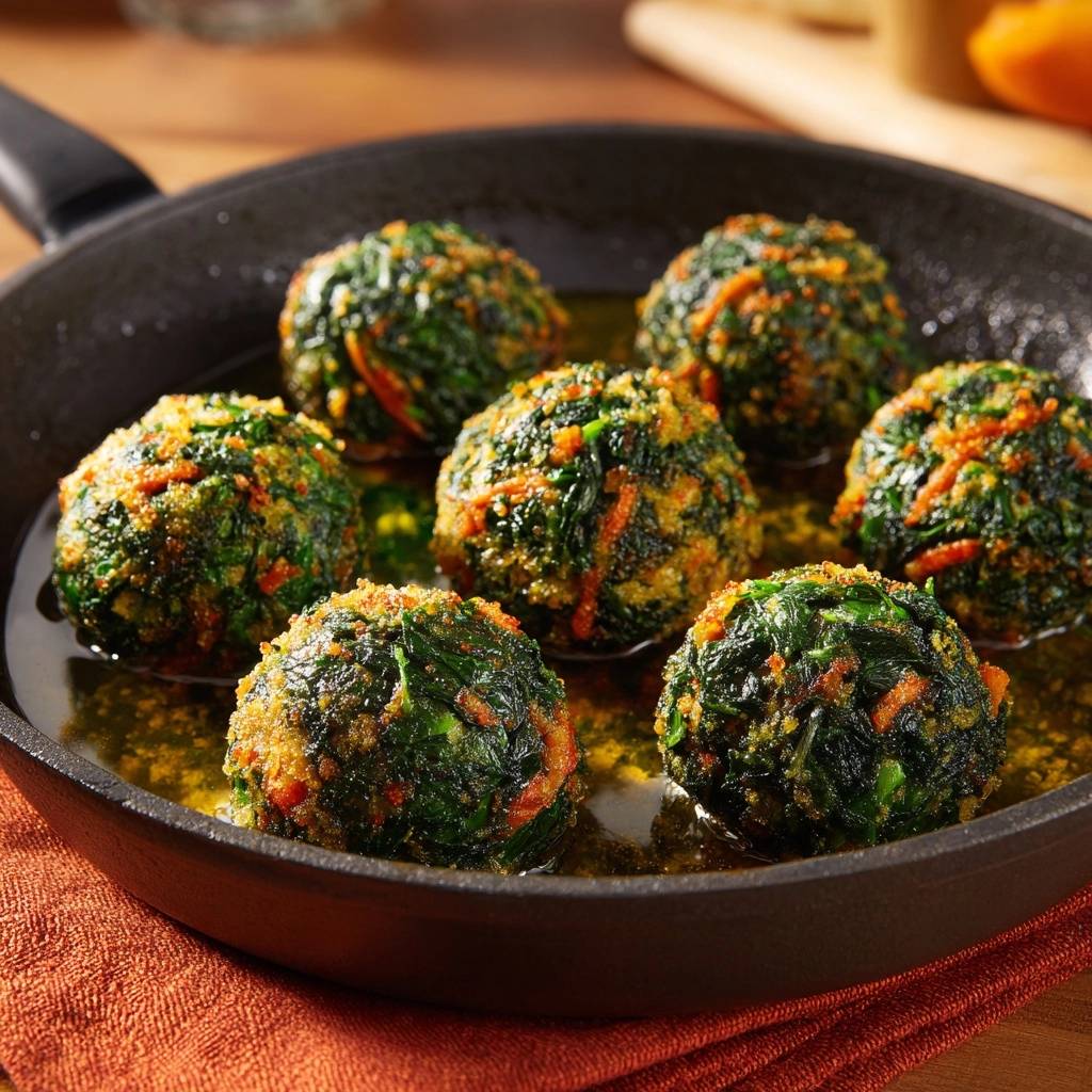 Knusprige Spinat-Karotten-Bällchen in einer heißen Pfanne gebraten, serviert mit goldbraunem Öl, bereit zum Genießen.