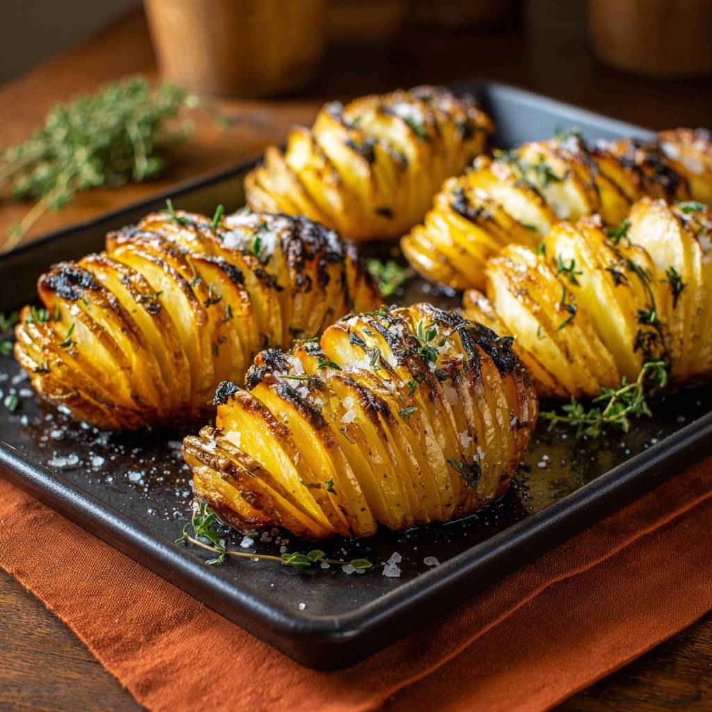 Knusprige Thymian-Hasselback-Kartoffeln in einer Draufsicht, mit frischem Thymian und grobem Salz bestreut, serviert auf einem schwarzen Blech.