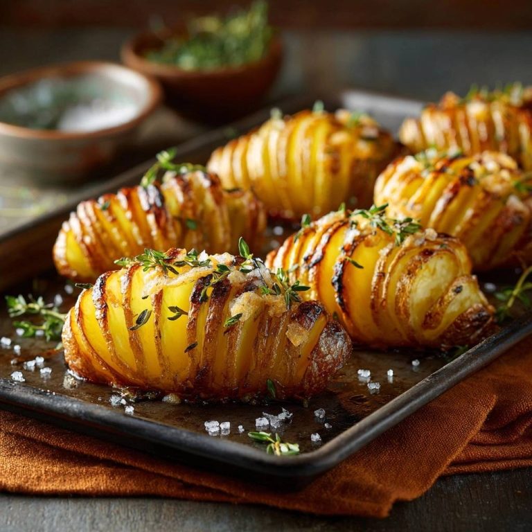 Knusprige Thymian-Hasselback-Kartoffeln, serviert auf einem Backblech, garniert mit frischem Thymian und grobem Salz. Die goldbraune Textur ist deutlich sichtbar.
