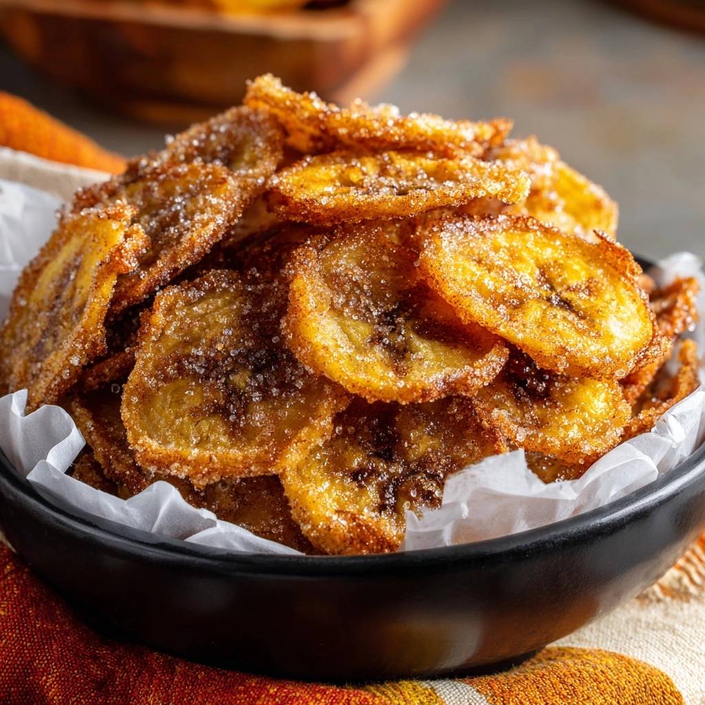 Knusprige Zimt-Bananen-Chips in einer schwarzen Schüssel, mit Zucker bestreut und in Nahaufnahme fotografiert. Die Chips haben eine goldbraune Farbe.