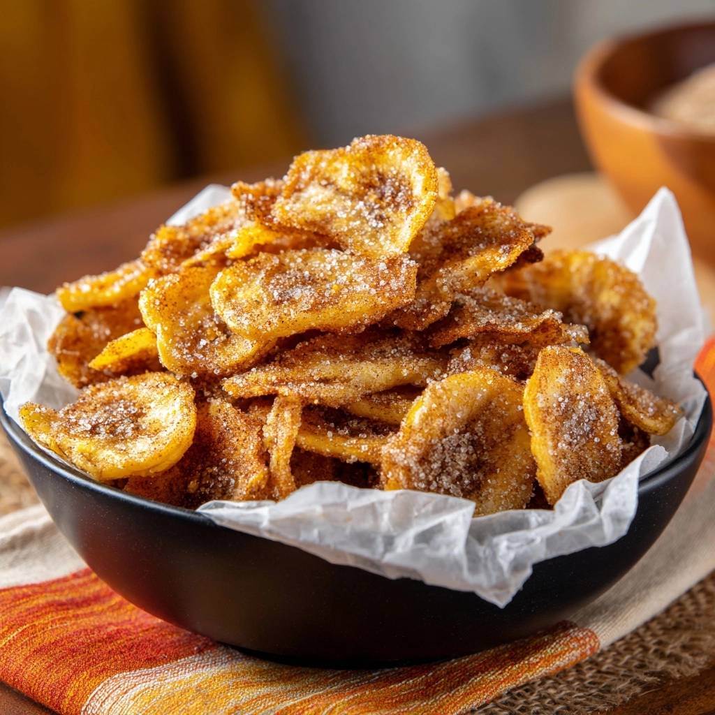 Knusprige Zimt-Bananen-Chips serviert in einer schwarzen Schüssel, umgeben von Backpapier und bereit zum Verzehr.