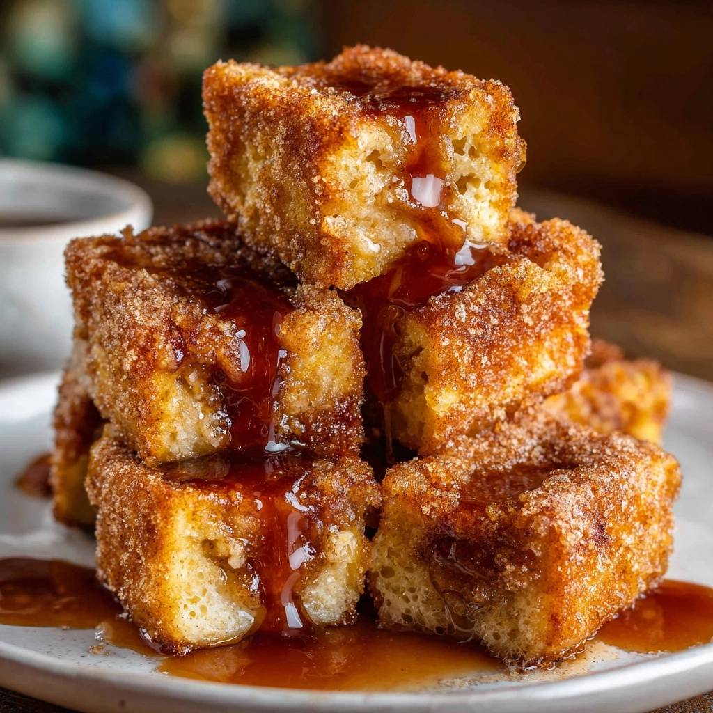 Knusprige Zimt French Toast Wuerfel Mit Karamell Nahaufnahme 1 Knusprige Zimt-French-Toast-Würfel mit Karamellsoße in Nahaufnahme, übergossen mit klebriger Karamellsauce auf einem Teller serviert.