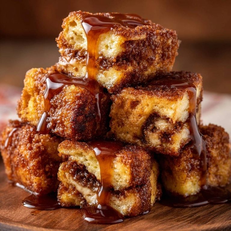 Knusprige Zimt-French-Toast-Würfel mit Karamellsoße, die einen köstlichen Querschnitt mit Zimtschnecken-Füllung und Karamell-Glasur zeigen.