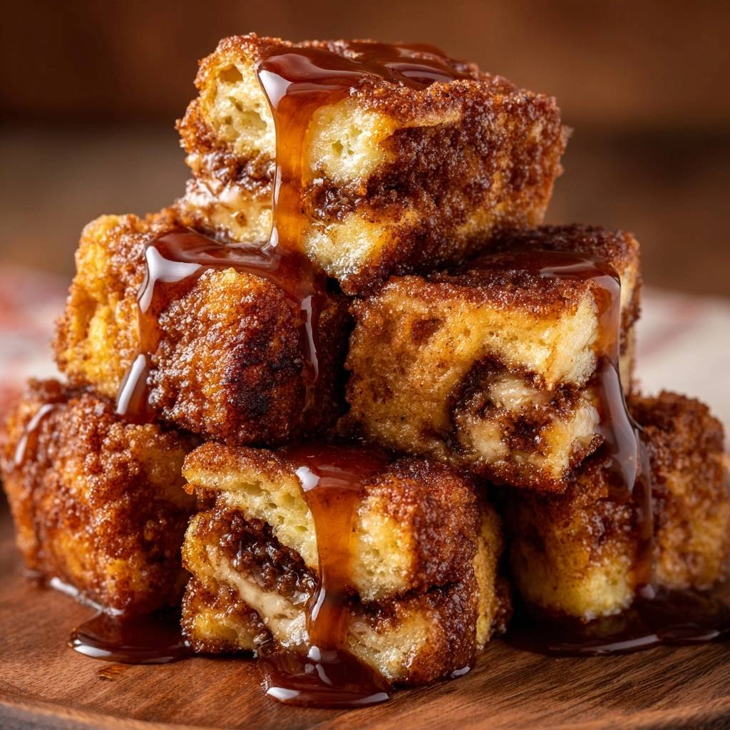 Knusprige Zimt-French-Toast-Würfel mit Karamellsoße, die einen köstlichen Querschnitt mit Zimtschnecken-Füllung und Karamell-Glasur zeigen.
