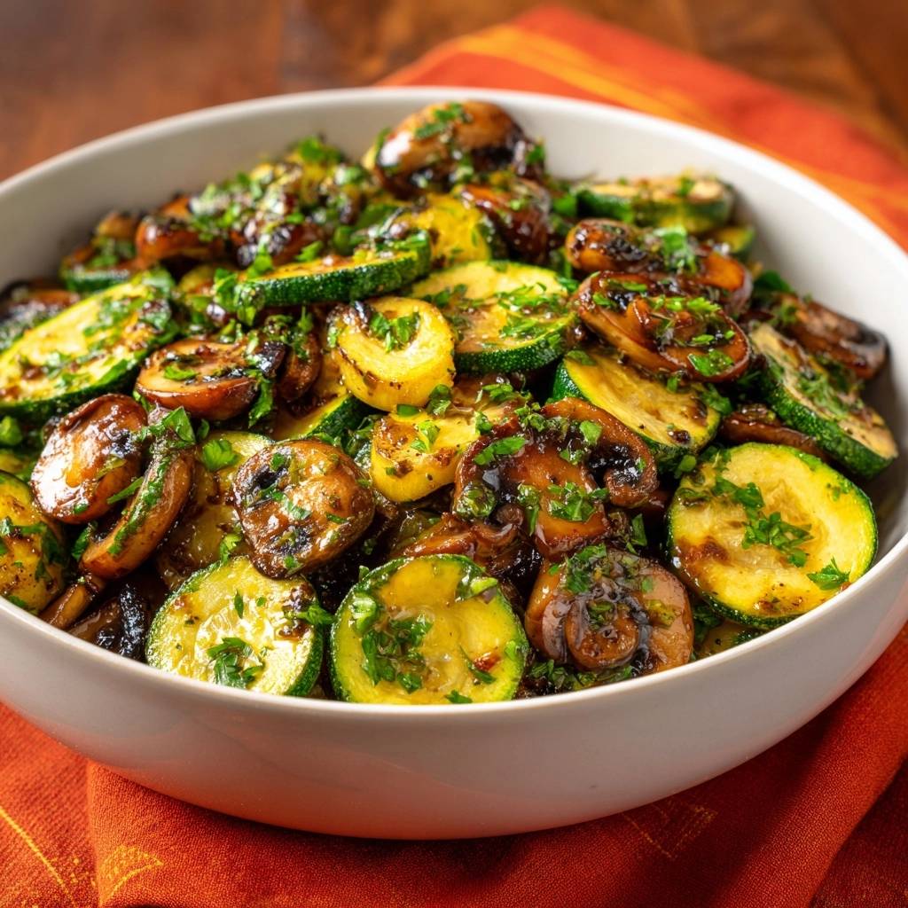 Knusprige Zucchini-Champignon-Pfanne in einer weißen Schüssel serviert, garniert mit frischer Petersilie und einer köstlichen Balsamico-Glasur.