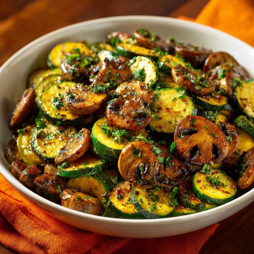 Knusprige Zucchini Champignon Pfanne Von Oben 1 Knusprige Zucchini-Champignon-Pfanne in einer weißen Schüssel von oben gesehen, mit frischen Kräutern garniert und appetitlich angerichtet.
