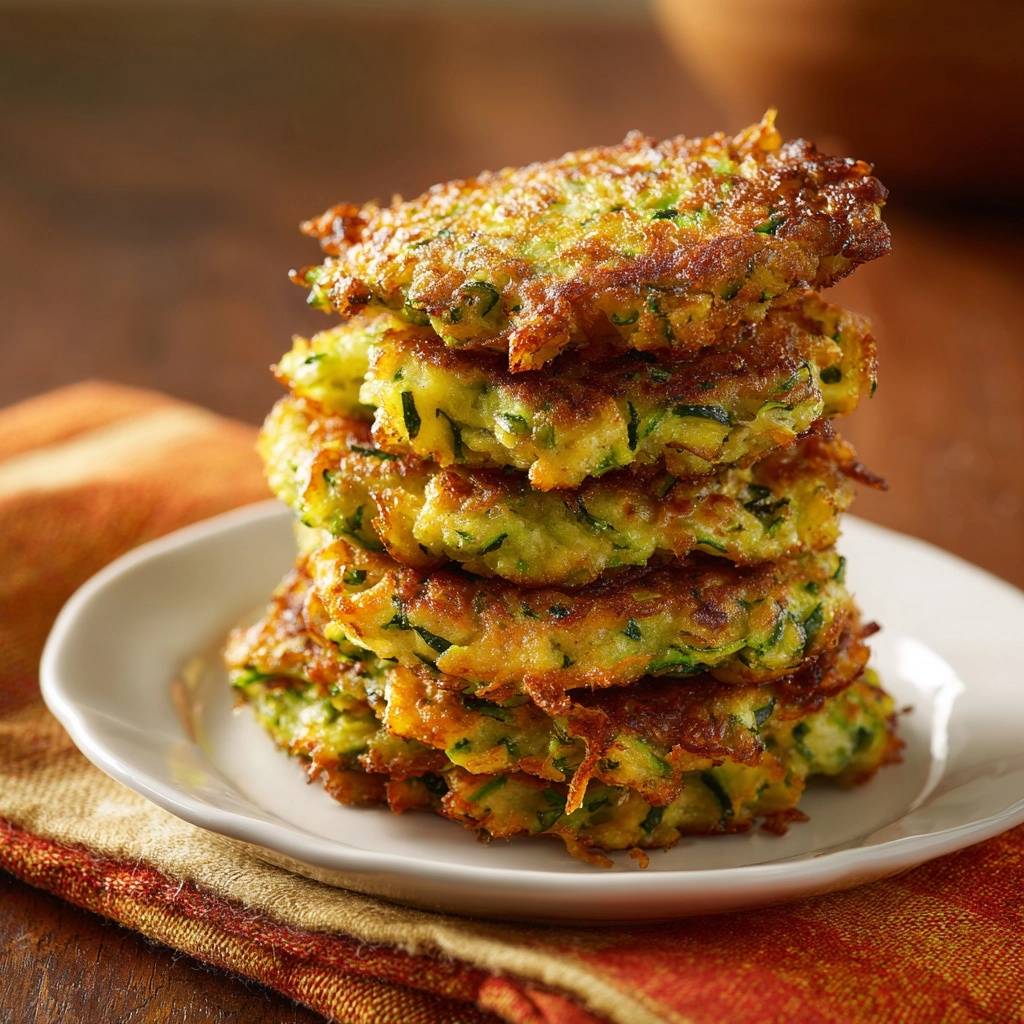 Knusprige Zucchini-Rösti, gestapelt auf einem Teller, zeigt die goldbraune Kruste und die grüne Füllung. Die Rösti sind perfekt gebraten und warten darauf, gegessen zu werden.