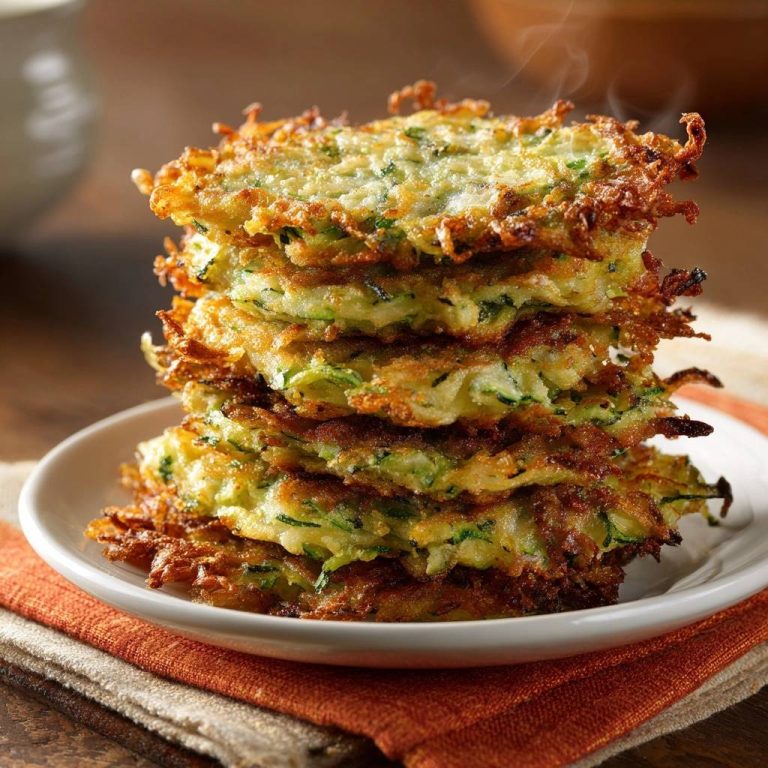 Knusprige Zucchini-Rösti, gestapelt auf einem Teller serviert, mit goldbraunen, knusprigen Rändern und dampfendem Inneren.