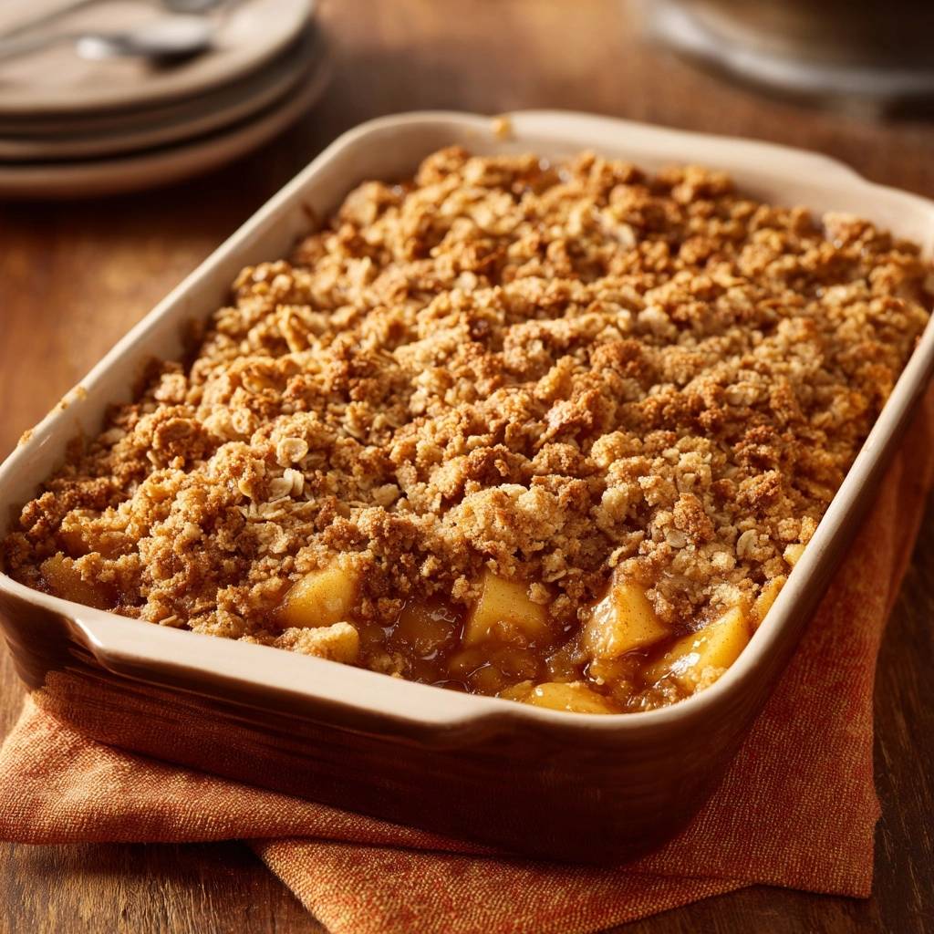 Knuspriger Apfel-Crumble in einer Auflaufform, mit knuspriger Streuselhaube und saftigen Äpfeln, von oben. Ein warmer, hausgemachter Genuss.